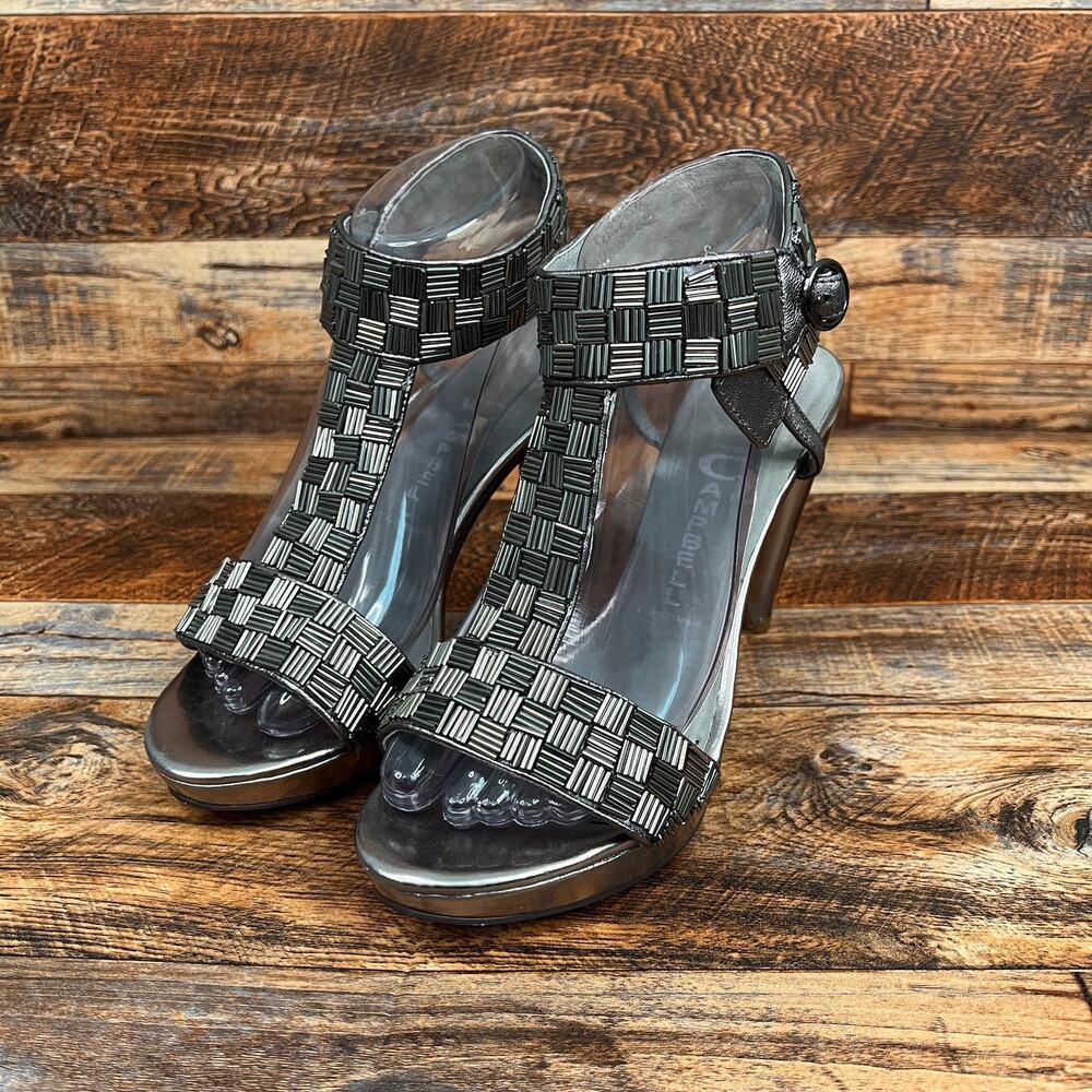 Jeffrey Campbell Fierce Beaded Silver Sandal Heels Women's 9 Glam Formal Shoe
